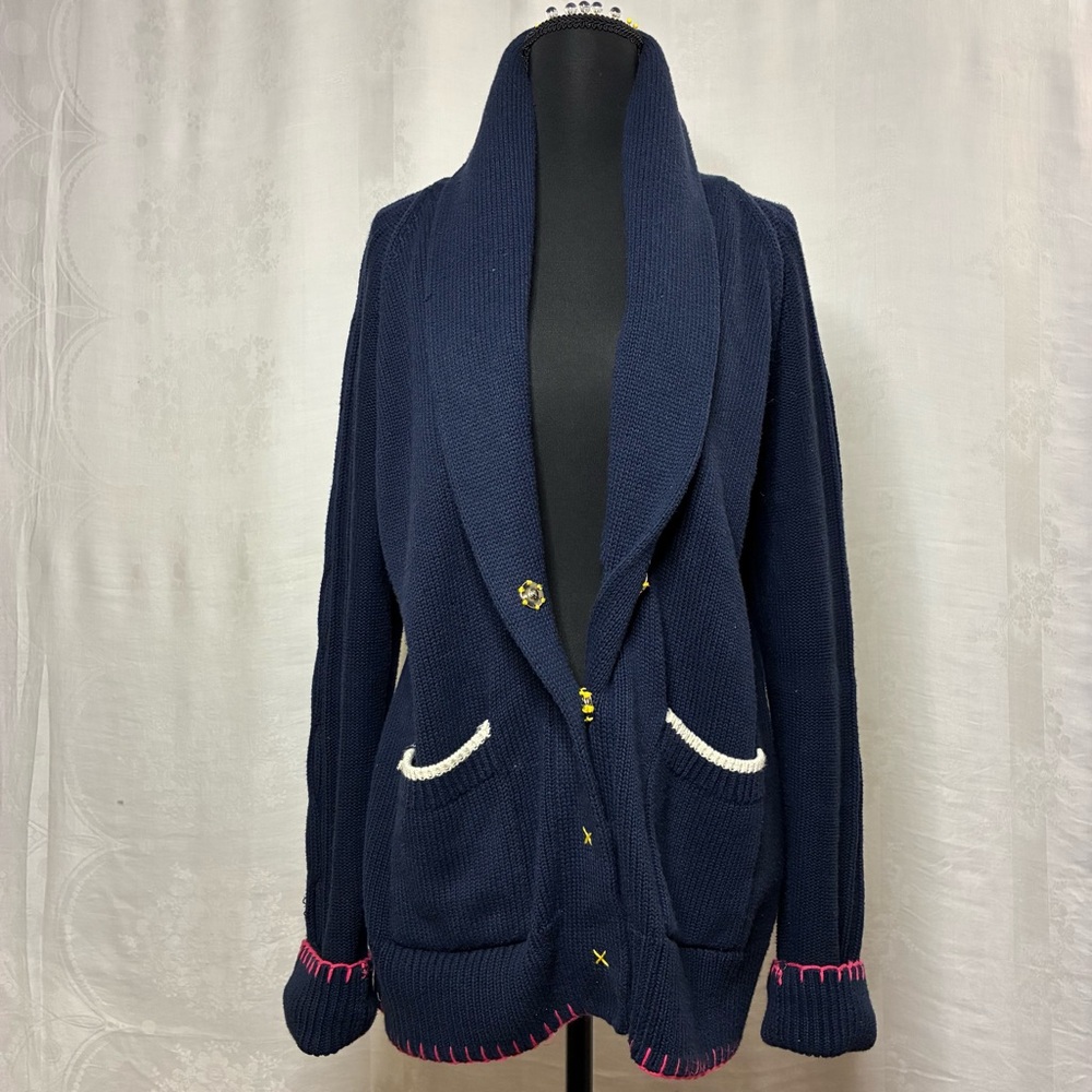 Cozy Kerri Rosenthal Navy Cashmere Cotton Anchor Cardigan Shawl Collar